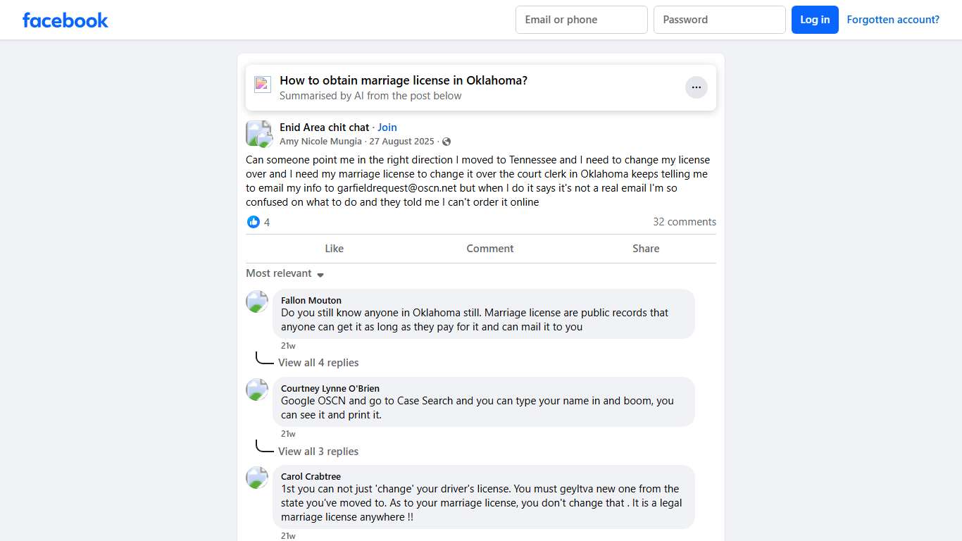 Enid Area chit chat | Can someone point me in the right direction I moved to Tennessee and I need to change my license over and I need my marriage license to change it over... | Facebook